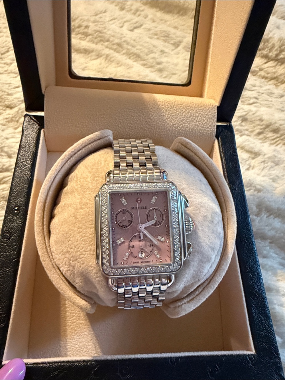 Michele Stainless Steel Bracelet Watch with Pink Dial and Crystal Bezel
